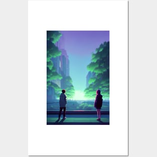 A Couple in Bridge Lofi Scenario Anime Landscape Posters and Art